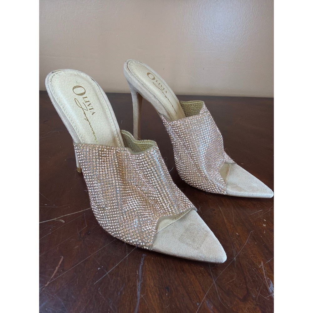 Olivia James Rhinestone Embellished Stiletto Mule Heels Tan Gold Pointed Toe 5.5